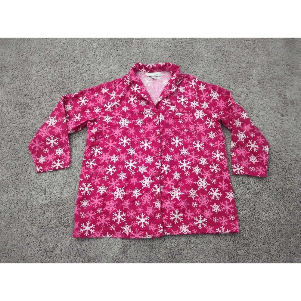 Dreams & Co Pajama Top Womens M Pink Snowflake Print Collared Button Up
